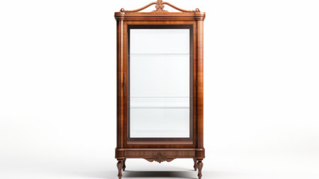 a cabinet featuring doors and glass shelves, designed in the style of wealthy portraiture. this photorealistic rendering showcases the intricate details of the biedermeier wood sculptor. the white background enhances the elegance of this victorian glasgow-inspired piece. enjoy the high-definition image in all its glory. ai generatedの素材