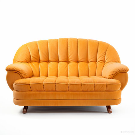 a tufted orange sofa with a wooden end, captured in a photo taken with a nikon d750. the white background enhances the simplicity of the design, reminiscent of the soviet avant-garde style. the light yellow hue of the sofa adds a touch of warmth, while the elba damast fabric adds a luxurious touch. ai generatedの素材