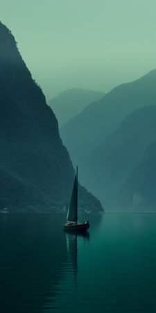a serene mediterranean lake scene with a boat peacefully floating on calm waters, surrounded by majestic mountains. the photo showcases a soothing ambiance with its dark green, aquamarine, dark turquoise, and light brown hues. it captures the essence of a swiss-style lake wallpaper, creating a tranquil and introspective atmosphere. the webcam-style photography adds a unique touch to the composition. ai generatedの素材