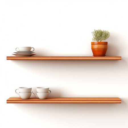 potted plant and wooden shelf with plate on a white background. realistic yet stylized, minimalist design with an environmentally inspired theme. the two-dimensional graphic illustration features a matte background, creating an eye-catching composition. ai generatedの素材