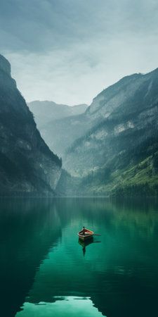 mediterranean lake scene with a boat on calm waters, surrounded by majestic mountains. the serene ambiance is enhanced by the soothing colors of dark green, aquamarine, dark turquoise, and light brown. this swiss-style composition combines contrasting elements, reminiscent of a picturesque lake wallpaper. the photo captures the essence of tranquility, resembling webcam photography. ai generatedの素材