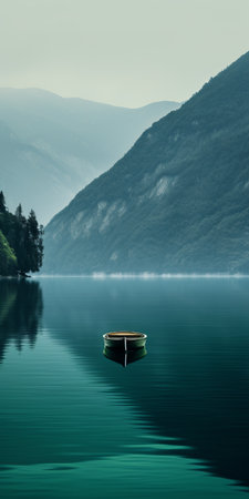 a serene mediterranean lake scene with a boat peacefully floating on calm waters, surrounded by majestic mountains. the photo showcases a soothing ambiance with shades of dark green, aquamarine, dark turquoise, and light brown. the swiss-style composition creates a captivating juxtaposition, reminiscent of a picturesque lake wallpaper. the image has a webcam photography aesthetic, adding a unique touch to the overall atmosphere. ai generatedの素材