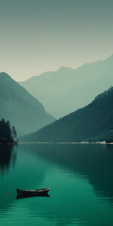 mediterranean lake scene with boat on calm waters, framed by mountainous vistas. dark green, aquamarine, dark turquoise, and light brown hues create a calming, introspective aesthetic. swiss style with juxtaposed imagery evokes a lake wallpaper feel. webcam photography captures the scene. ai generatedの素材