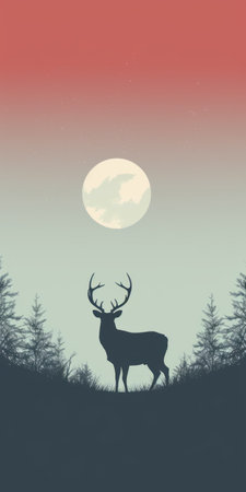 a deer silhouette stands gracefully on a moonlit field, reminiscent of vintage poster art. this environmental portrait captures the essence of nature with soft gradients of dark gray and light cyan. the editorial illustration showcases atmospheric perspective, offering a romanticized depiction of the wilderness. ai generatedの素材