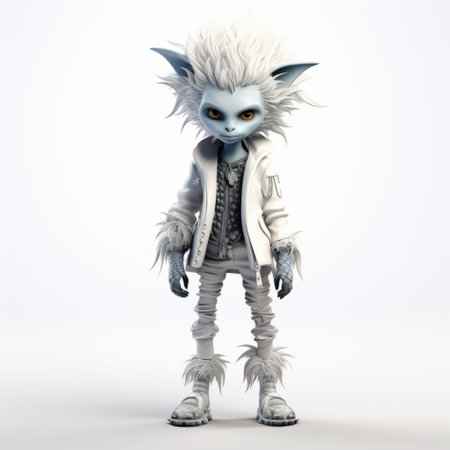 a charming and highly detailed 3d image featuring a child with gray hair dressed in white. this unique composition combines elements of hybrid creatures, corporate punk, and catcore styles. the image showcases a full-body view of the child, creating a visually captivating and intriguing piece of art. ai generatedの素材