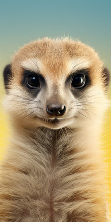 a meerkat stands and stares at the camera in this digitally manipulated image. the photo features a light pink and yellow color scheme with a matte finish. it showcases photo-realistic techniques and close-up shots, while also incorporating cute cartoonish designs. this creative commons attribution image captures the adorable essence of the meerkat. ai generatedの素材
