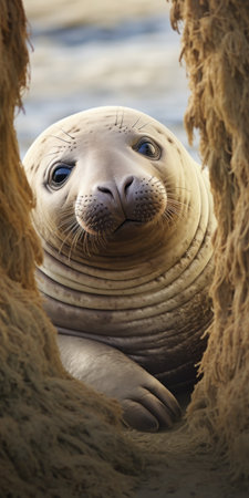 a seal peeks out from a hole in the sand, captured in a photographically detailed portrait style reminiscent of national geographic. the seal's strong facial expression is beautifully depicted, showcasing the naturalistic depiction of flora and fauna. this image evokes the essence of dutch marine scenes, with its light magenta and light brown tones. ai generatedの素材