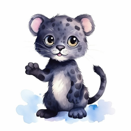 a playful cartoon illustration of a leopard in its natural habitat. the painting depicts a girl with toy-like proportions, surrounded by dark gray and light azure watercolor illustrations. the artwork has a child's drawing style, featuring water drops and whimsical details. ai generatedの素材