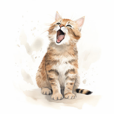 watercolor illustration of a cat yelling in a cartoon style. the illustration features beige and amber tones, resembling hyper-realistic oil paintings. the detailed character illustration showcases small brushstrokes in light gray and crimson shades. this artwork is reminiscent of the konica big mini aesthetic. ai generatedの素材