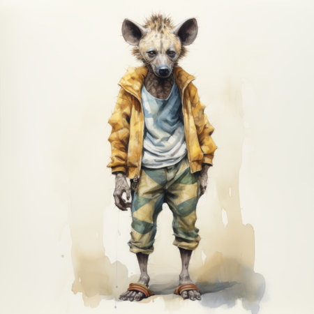 a hyena wearing a yellow jacket stands for a photo, showcasing a colorful fantasy realism style. the image captures elements of stainswashes, street style realism, and isolated figures. the hyena's vibrant attire and muted colors create a visually striking composition, highlighting the stylish costume design. ai generatedの素材