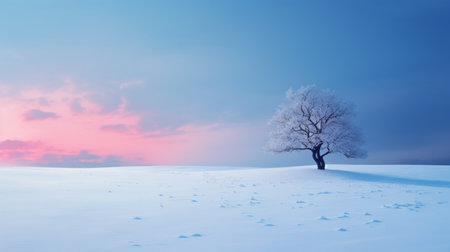 snow-covered trees stand tall against the serene backdrop of a minimalist winter landscape. as the blue hour sets in, the scene becomes even more enchanting. this high-quality, 16k hd photo captures the transparent beauty of nature, showcasing the stunning details with the canon 5d camera. ai generatedの素材