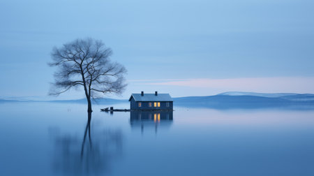 a serene and peaceful ambiance is captured in this haunting national geographic photo of a tree on water. the cold and detached atmosphere, reminiscent of cabincore, is enhanced by the light blue and blue hues. with its 8k resolution, this image immerses viewers in a captivating scene that exudes tranquility. ai generatedの素材