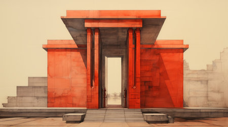 a modern building with a realistic watercolor style, reminiscent of redscale film and mesopotamian art. the design features hyper-detailed renderings and geometric aesthetics, showcasing a color palette of light red and light indigo. influenced by the artistic traditions of the shang dynasty. ai generatedの素材