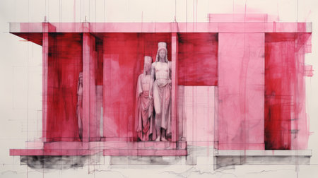 a drawing featuring a girl standing in an architectural setting, created in a style that combines light pink and crimson hues. the artwork showcases human sculptures and has a panoramic scale. it incorporates brunaille underpainting techniques and draws inspiration from oriental minimalism and monumentalism. the use of split toning adds depth and visual interest to the composition. ai generatedの素材