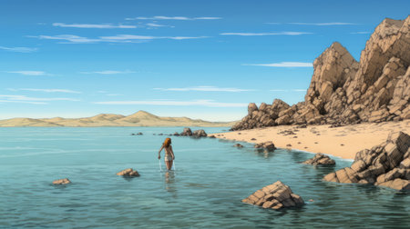 a woman stands on the beach, surrounded by majestic mountains. the photo captures the scene in a realistic and hyper-detailed style, reminiscent of surrealist manga. the color palette of brown and aquamarine adds to the captivating beauty of the image. this national geographic photo combines elements of traditional animation and landscapes, creating a sense of adventurecore. ai generatedの素材