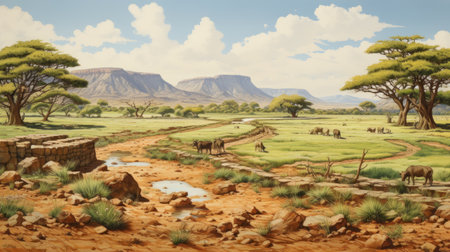 a photo showcasing a majestic elephant in the southern countryside, with a hyperrealistic mountain in the background. this artwork combines elements of mesopotamian art and australian landscape, creating a highly detailed environment. the historical reproduction captures the beauty and grandeur of the scene, highlighting the harmonious coexistence of nature and wildlife. ai generatedの素材