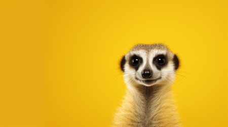 a single baby meerkat stands in front of a vibrant yellow background, showcasing a minimalistic portrait style. the photograph captures the meerkat's adorable presence with saturated colors and a large format lens. the image portrays a humorous animal scene, offering an exotic and close-up view of the meerkat. the composition is symmetrical, adding to the visual appeal. ai generatedの素材