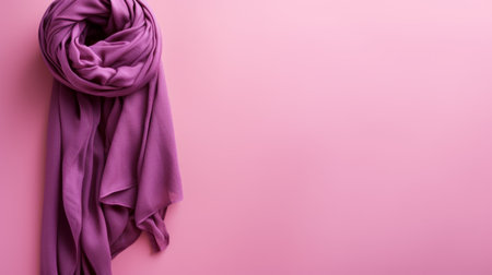 purple scarf resting against a minimalist pink background, showcasing flowing fabrics and exquisite detail. the subdued palette of pink and amber enhances the overall aesthetic, while minimal retouching and tonal sharpness add to the visual appeal. ai generatedの素材