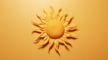 a 3d model of a colorful sun on a yellow background, resembling detailed botanical illustrations. the monochromatic sculptor style, vray tracing, and heavy use of impasto create a unique texture. the ceramic material adds depth, while the soft-focus technique enhances the organic flowing forms. ai generatedの素材