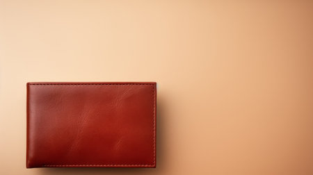 a large red leather wallet is featured in this stock photo. the wallet is placed on a white background with a clipping path, as well as a beige background. the photo is in the style of conceptual minimalism, with contrasting light and dark tones of dark orange and light emerald. it is digitally enhanced, showcasing a minimalistic japanese aesthetic. ai generatedの素材