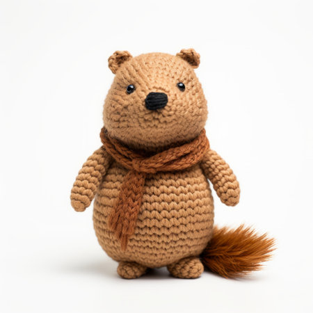 stuffed animal brown squirrel in scarf crochet pattern, inspired by the playful character design of kji morimoto, hans andersen brendekilde, and fernando botero. this adorable squirrel brings to mind the whimsical world of stop-motion animation and the artistic influences of dau al set from 500-1000 ce. ai generatedの素材
