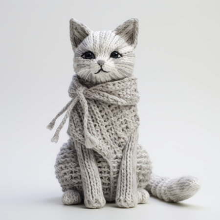 a gray kitty, in the style of highly detailed figures, sits on a white surface with a scarf. this object portraiture specialist captures the eco-friendly craftsmanship of the scene. the whistlerian aesthetic is enhanced by the wrapped scarf, while the use of ferrania p30 film adds depth to the layered fibers. ai generatedの素材