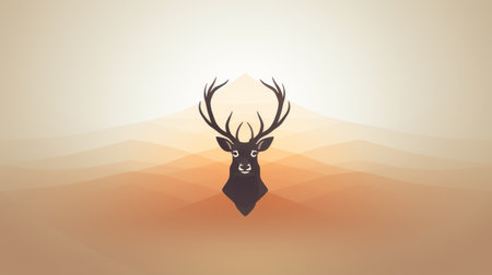 a deer head is depicted against a mountain background, showcasing subtle gradients and minimalist color fields. the image exudes a conceptual minimalism with its brown and amber tones. the use of bentwood adds depth to the composition, while the vintage graphic design style enhances its overall aesthetic appeal. ai generatedの素材