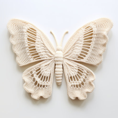 crocheted butterfly on white surface, relief sculpture style, symmetry, repetition, light beige, bold yet graceful, amedee ozenfant, multilayered, pristine naturalism. ai generatedの素材