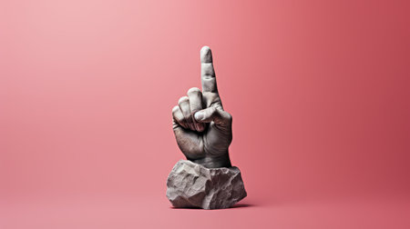 a statue of an adult hand with a ring on its finger, showcasing a graphic rock-inspired composition. this 3d sculpture features minimal retouching and is adorned in shades of pink and crimson. the loose gestures and raw materials used in its creation give it a distinct letterism aesthetic. ai generatedの素材