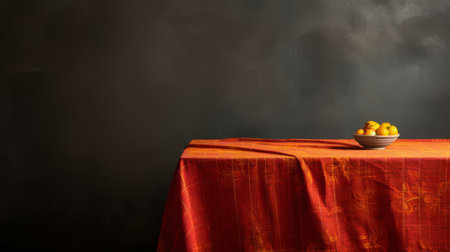 an orange bowl, reminiscent of opulent fabrics, sits on a table. the photo showcases strong contrast and chiaroscuro, capturing the essence of large format film. influences from papua new guinea art and hindu art and architecture are evident in the dark gray and red color scheme. the sparse background adds to the overall aesthetic appeal. ai generatedの素材