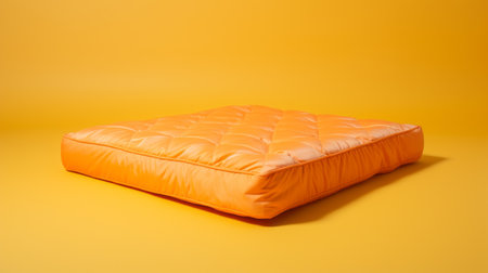 orange suede cushion with aggressive quilting, showcased on a vibrant yellow background. this high-quality photo captures the essence of unreal engine 5's style, featuring post-processing effects and a glossy finish. crafted from durable plastic, this duckcore-inspired cushion adds a touch of modernity and comfort to any space. ai generatedの素材