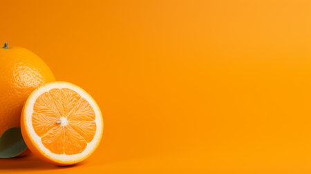 two slices of orange placed in front of a vibrant orange background. this minimalist composition showcases a playful color combination and is inspired by advertising aesthetics. the light-filled and backlit photography style enhances the monochromatic composition, creating a visually appealing image. sketchfab adds an artistic touch to the overall composition. ai generatedの素材