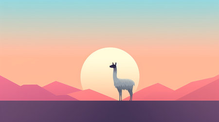 an island of the sun featuring a llama in a field, with hills in the background. this photo showcases vibrant color gradients, muted and minimalist compositions, with a mix of dark white and light magenta tones. the flat perspective and long lens capture the gauzy atmospheric landscapes, highlighting the colorful fauna. ai generatedの素材