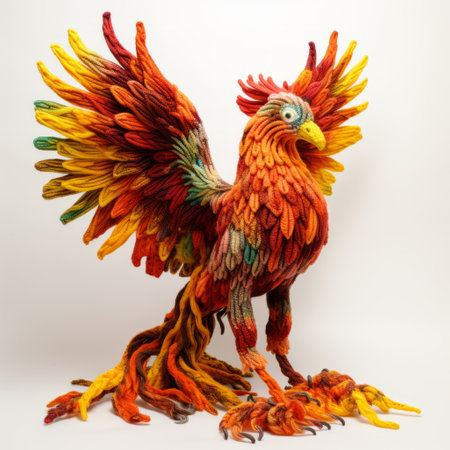 a vibrant and mesmerizing fabric bird sculpture, crafted with a hyperrealistic fantasy style. this stunning creation showcases a captivating blend of red and orange hues, resembling a mind-bending manticore. the intricate weaving and meticulous attention to detail in this felt creation bring the saturated pigments to life. ai generatedの素材