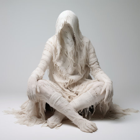daniel liman, a figure draped in white fabric and adorned with a black head scarf, showcases a mesmerizing display of intricate weaving. this enigmatic image, reminiscent of petrina hicks and sarah lucas, captures the essence of halloween with its erased and obscured features. the photograph exudes a pensive stillness, showcasing the subject's full body. ai generatedの素材