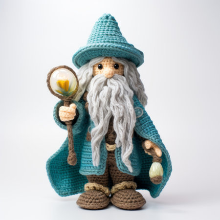 a crochet wizard, wearing a yellow robe, is depicted in this photo. the wizard is holding an eyedropper with blue and green colors. the style of the image is characterized by light gray and light azure tones. the object portraiture specialist has created highly detailed figures in dark gray and light brown shades. the photo has a primitive naivety, reminiscent of the konica big miniの素材