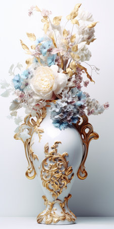 a baroque art ceramic vase with a floral pattern on a white background. glitter accents enhance the visual appeal, creating a hyper-realistic effect with intricate details. captured using a 50mm macro focus for maximum precision. ai generatedの素材
