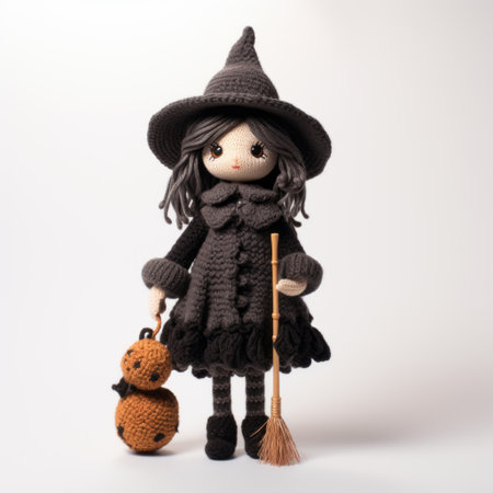 tania, a witch, is depicted in this photo with a doll and a frog. the image showcases enigmatic characters in a style characterized by dark gray and light brown tones. the use of natural fibers adds to the overall aesthetic, complemented by dark gray and light bronze accents. the color palette includes light orange and light black, creating a captivating maidcore vibe. the intricate detailsの素材
