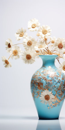 a ceramic vase with a floral pattern on a white background. glitters added for enhanced visual appeal and hyper-realism. captured with a 50mm macro focus to showcase intricate details. ai generatedの素材