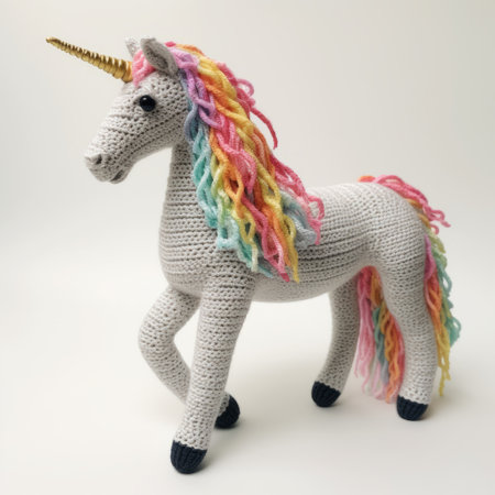 a simple to start unicorn crochet pattern with an intermediate skill level, inspired by the style of martin creed. this high-definition image showcases the colorful absurdism of patricia piccinini, featuring a light gold and gray color palette. the design also incorporates elements of unpolished beauty reminiscent of petrina hicks' work. ai generatedの素材
