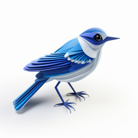 blue bird three-dimensional puzzle with precisionism influence. lifelike renderings showcase its bold character design. download this free image featuring a blue bird on a white background with high-contrast shading. influenced by the renowned artist john nash, this puzzle captures the essence of his distinctive style. ai generatedの素材