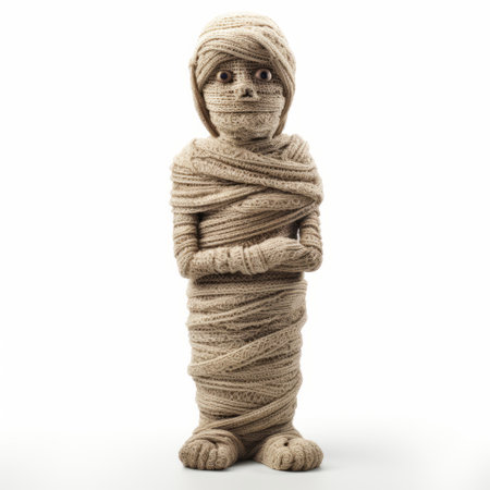 a stuffed mummy, made of beads and yarn, is wrapped up in cloth, creating a spooky and humorous effect. this classical figurative realism piece, captured on kodak ektar 100 film, features a beige color palette. the isolated figures and tanbi kei style add to the overall impact of this associated press photo. ai generatedの素材