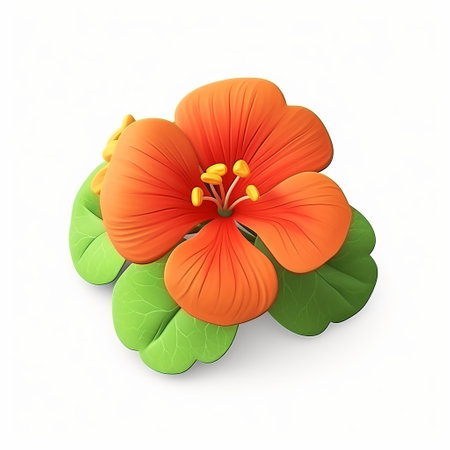 a 3d icon of a nasturtium flower made from clay material, featuring a cartoon-like design. the flower is smooth and shiny, with a nintendo-inspired aesthetic. the isometric perspective and spot light enhance the best details of this high-resolution, hd 3d rendering. the flower is presented on a white isolated background. ai generatedの素材