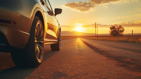 car parked on side of road at sunset, captured in a low angle shot. this high-detailed photograph, taken with the sony alpha a7 mark iv, showcases a realistic scene. the image is shot in 8k resolution, highlighting the stunning details of the car and the picturesque sunset backdrop. ai generatedの素材