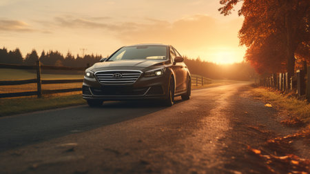 car parked on side of road at sunset, captured in a low angle shot. this high-detailed photograph, taken with a sony alpha a7 mark iv, showcases a realistic and immersive view. the image quality is enhanced, making it suitable for 8k resolution. ai generatedの素材