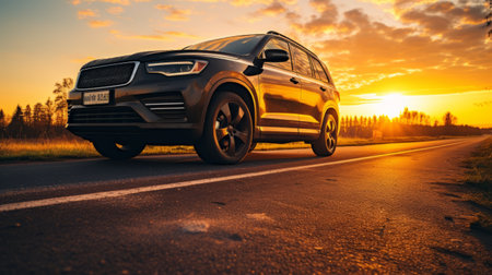 car parked on side of road at sunset, captured in a low angle shot. this high detailed photograph, taken with a sony alpha a7 mark iv, showcases a realistic and immersive view. the image quality is enhanced, making it suitable for 8k resolution. ai generatedの素材