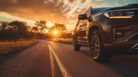 car parked on side of road at sunset, captured in a low angle shot. this high-detailed photograph, taken with a sony alpha a7 mark iv, showcases a realistic and immersive view. the image quality is enhanced, making it suitable for 8k resolution. ai generatedの素材