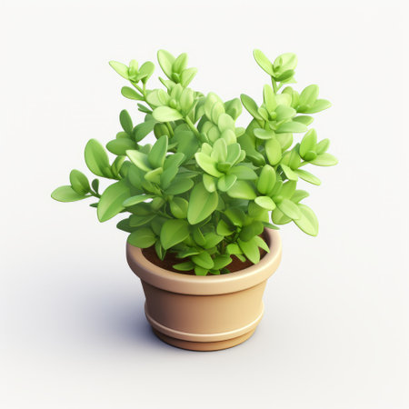 thyme 3d icon featuring a cartoon-like design made of clay material. the icon has a smooth and shiny appearance, resembling a nintendo game character. it is presented in an isometric view with a spot light highlighting its best details. this high-resolution 3d rendering is perfect for various design purposes and is isolated on a white background. ai generatedの素材