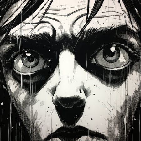 a closeup photo capturing kevin's face in darkness, with scratchy pen strokes and a fisheye perspective. the sketchy scribbly lines create strong angular shapes, resembling woodcut shading. the minimalist realistic style, with pouty lips and hungry eyes, follows anime proportions and features a distorted perspective. ai generatedの素材