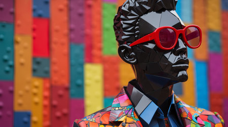 a man in a vibrant suit stands against a wall in this 3d illustration, capturing the sigma 85mm f14 dg hsm art style. the image brings together elements of modular sculpture, intense close-ups, benin art, foampunk, and neo-mosaic designs. the dramatic play of shadows adds depth and intrigue to the composition. ai generatedの素材